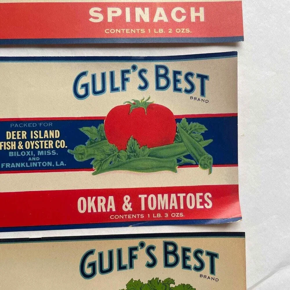 Gulf's Best Can Labels Lot of 5 Vintage Deer Island Fish & Oyster Co‎